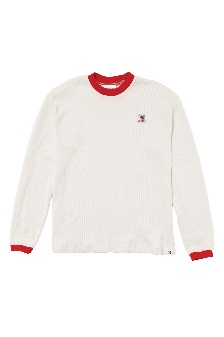 Men’s 1776 Cotton Thermal Shirt: cream thermal shirt with red trim and Liberty Bell chest patch.