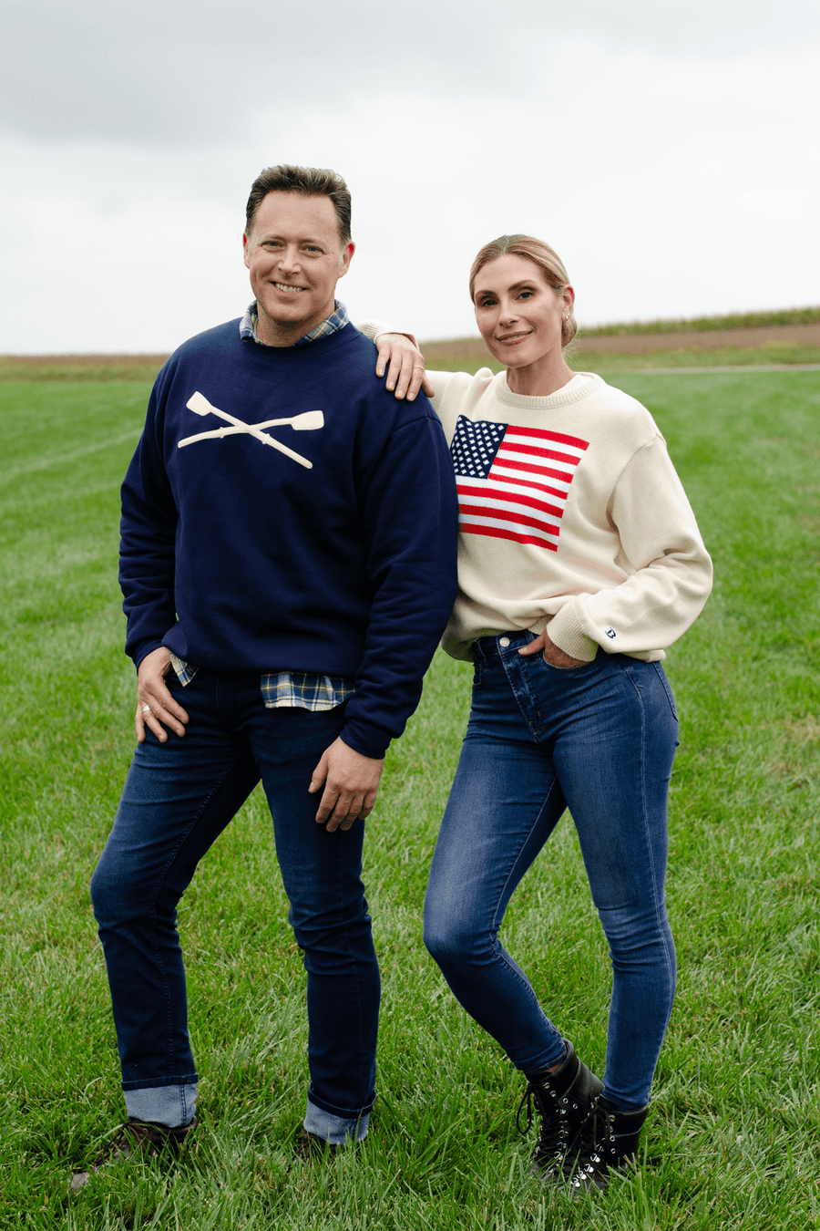 Oars Felt Crewneck Sweatshirt: two models outdoors, one wearing navy oars crewneck.