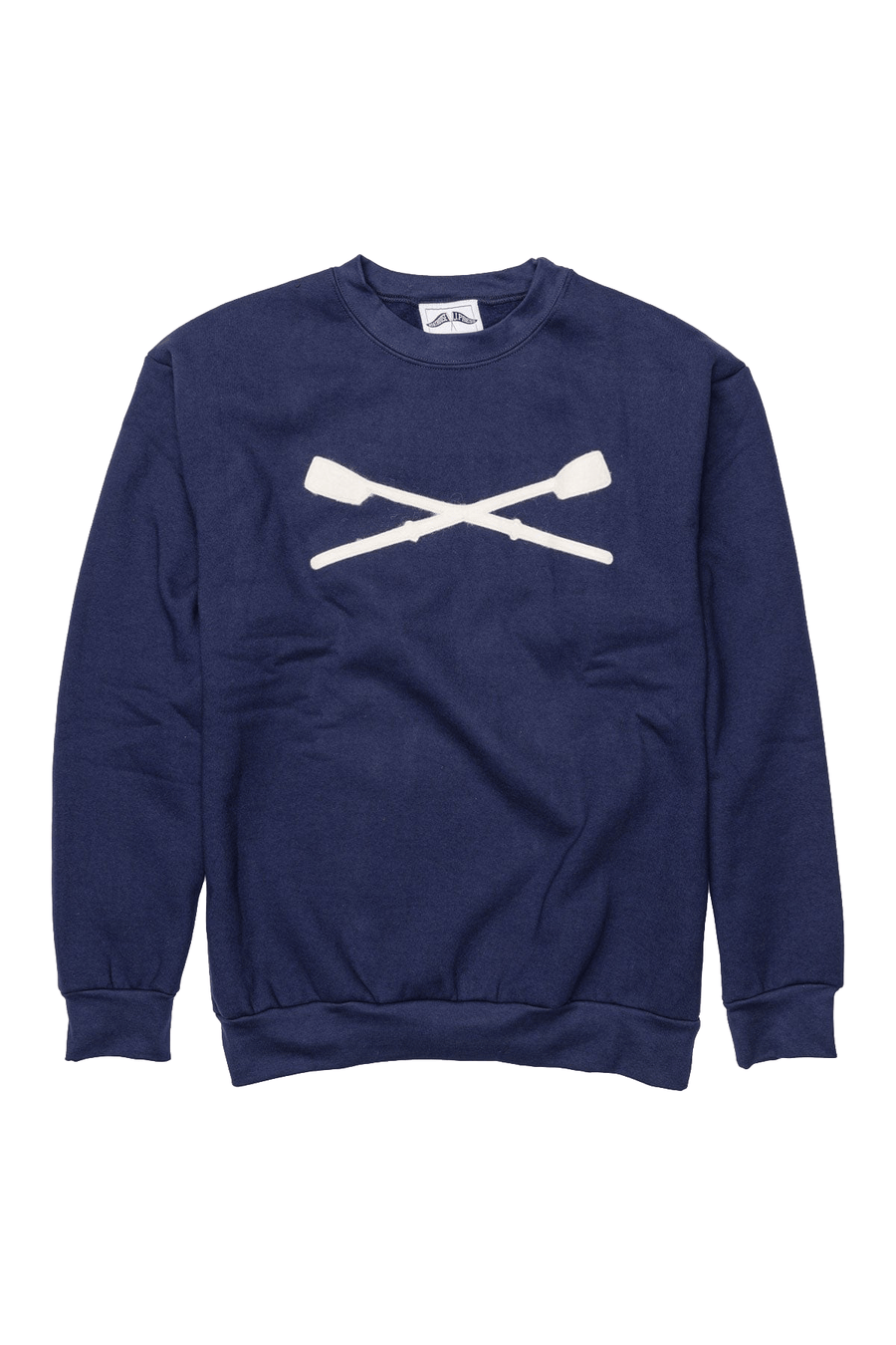 Oars Felt Crewneck Sweatshirt: navy crossed-oars sweatshirt, front view.