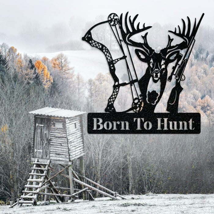 Metal Hunting Sign - Rustic Born to Hunt Monogram With Buck Silhouette