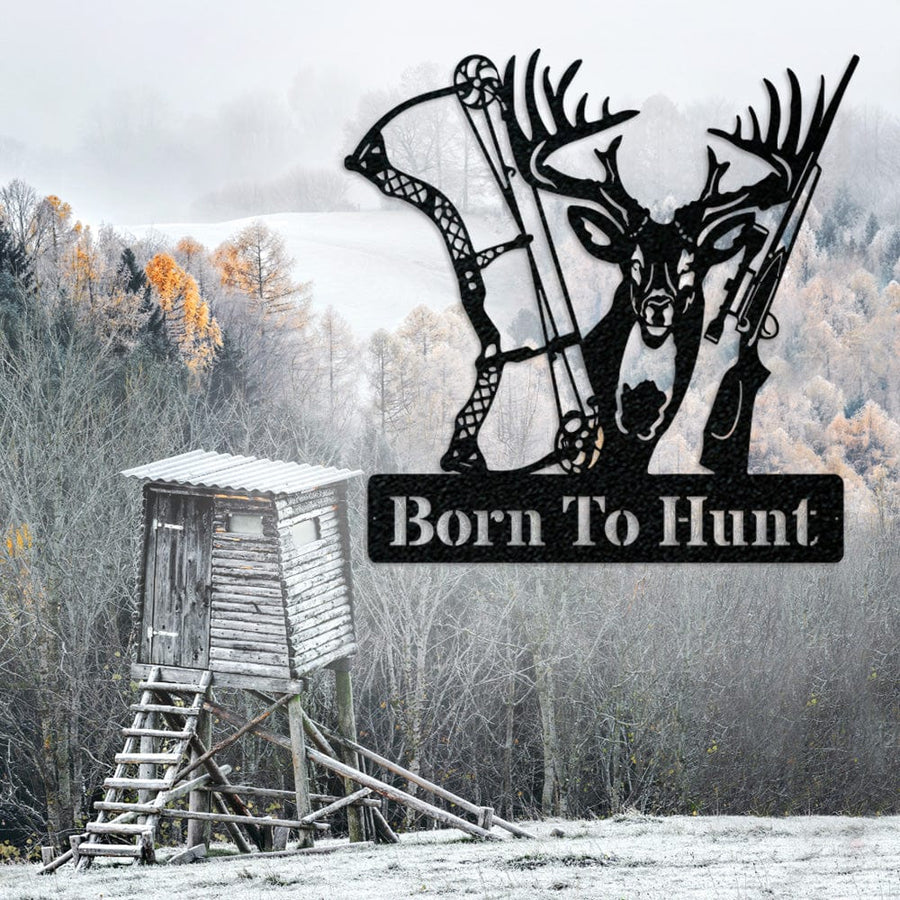 Metal Hunting Sign - Rustic Born to Hunt Monogram With Buck Silhouette