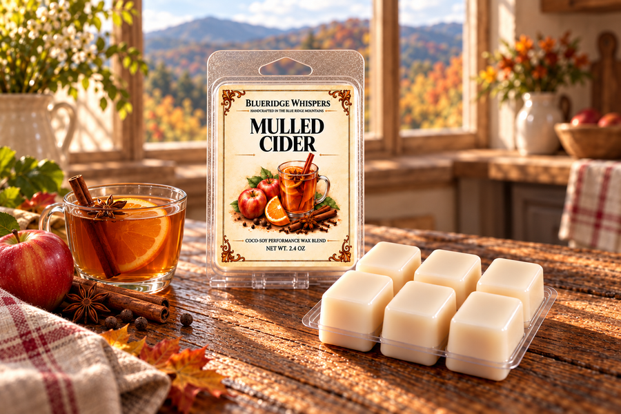 Mulled Cider wax melt pack and cubes on a porch table with a cider mug and autumn mountains