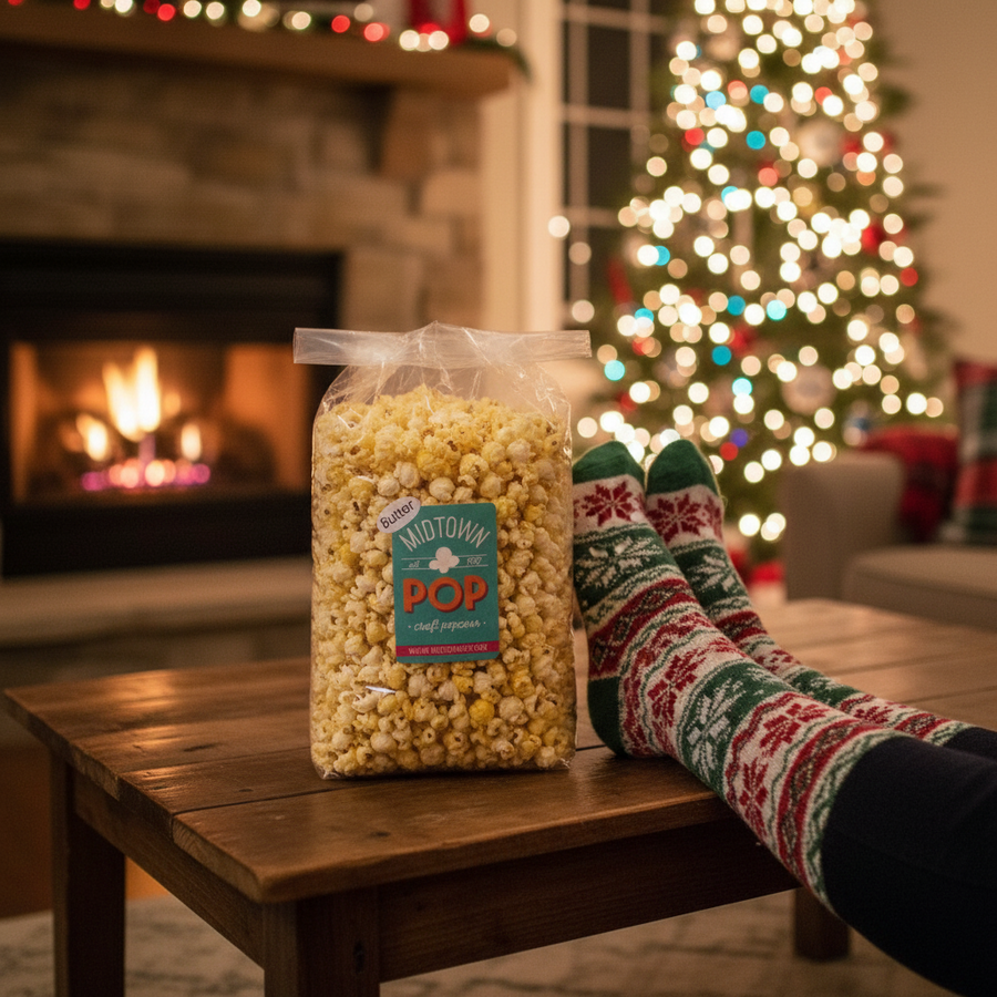 Butter popcorn bag beside a fireplace at Christmas