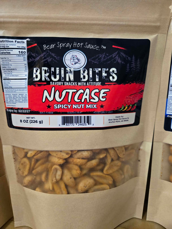 NutCase spicy nut snack in a kraft pouch with a red Bruin Bites label marked 8 oz
