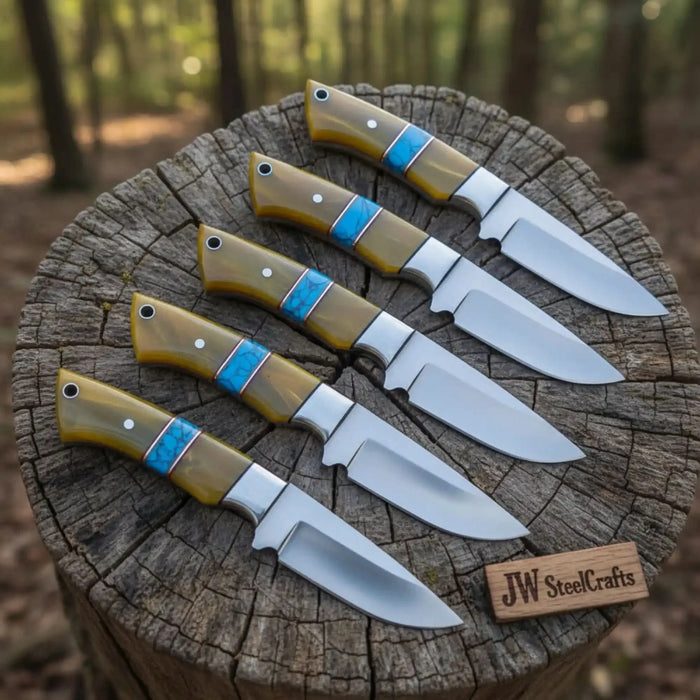 Handmade Carbon Steel Bushcraft Knife Set 5-Piece 6-Inch Set with Turquoise Spacers