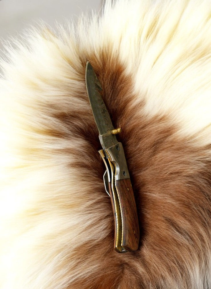 Handmade Damascus Steel Folding Knife with Rosewood Handle