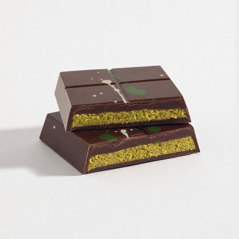 Cut pistachio dark ganache Dubai bar showing its layered filling
