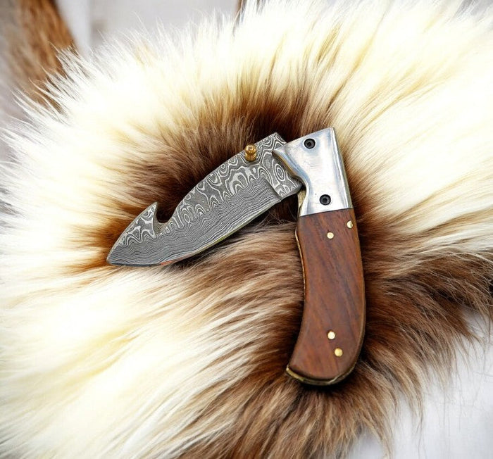 Handmade Damascus Steel Folding Knife with Rosewood Handle