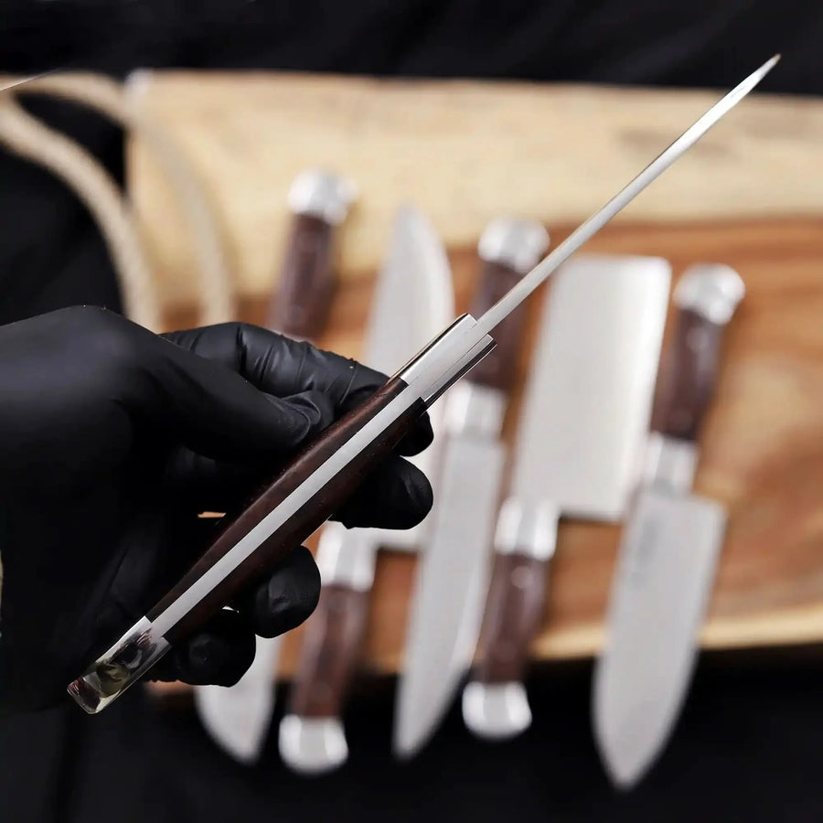 6-Piece High Carbon Steel Kitchen Knife Set with Leather Roll — Olive Wood Handles, Steel Bolsters, 7 to 12 Inc