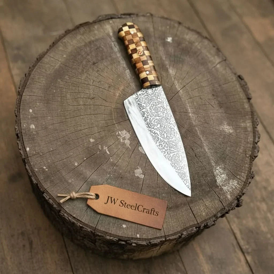 Acid-Etched Chef Knife with Red Pakka Wood & Checker Brown Wood Handle