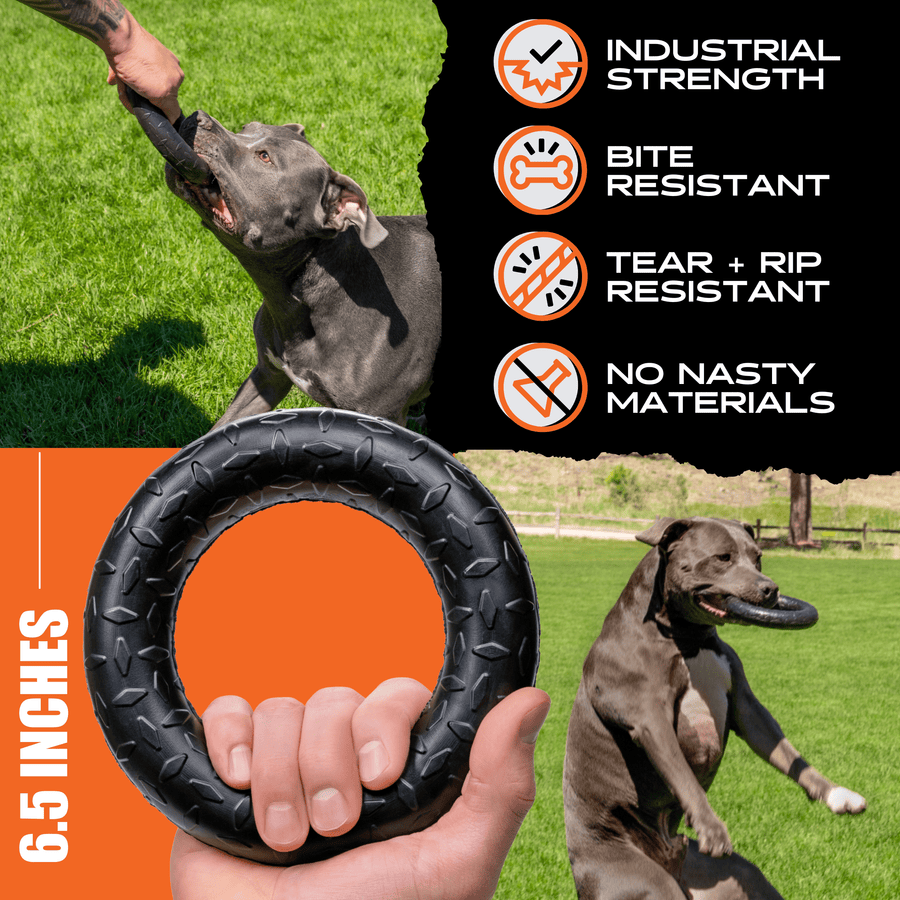 Chew Ring size graphic showing a 6.5-inch diameter and dogs at play
