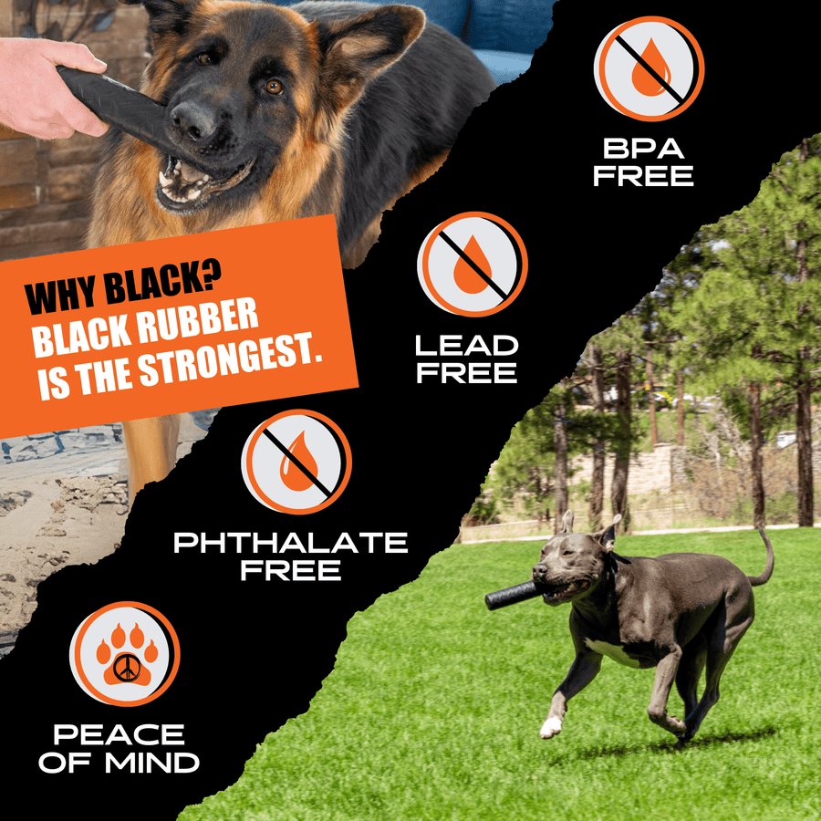 Dogs with a black Chew Stick beside supplier material claims