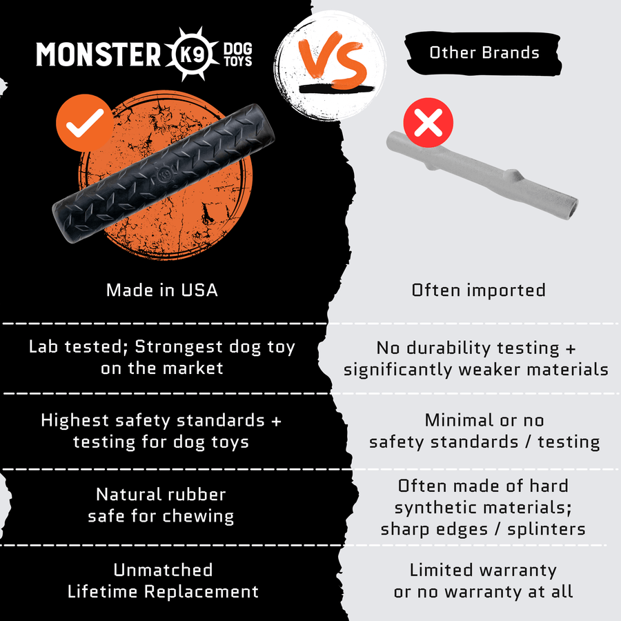 Supplier comparison graphic featuring the black rubber Chew Stick