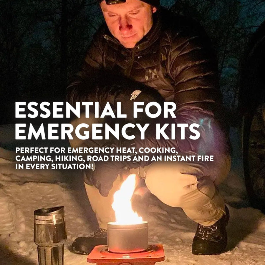 Maker outdoor emergency-kit graphic showing a portable bonfire