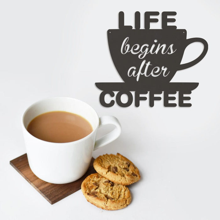 Life Begins After Coffee Metal Sign - Durable Rustic Metal Wall Decor for Office & Coffee Nook