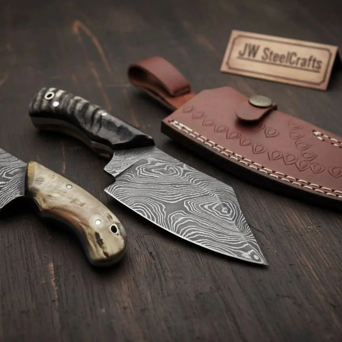 6-Inch Forged Damascus Skinning Knife — Ram Horn Handle, Full Tang & Leather Sheath | JW Steel Crafts