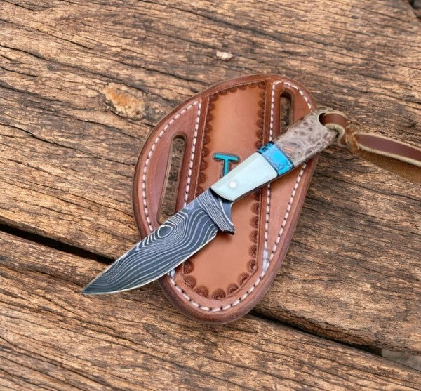 Handmade Damascus Cowboy Knife – Walnut & Turquoise