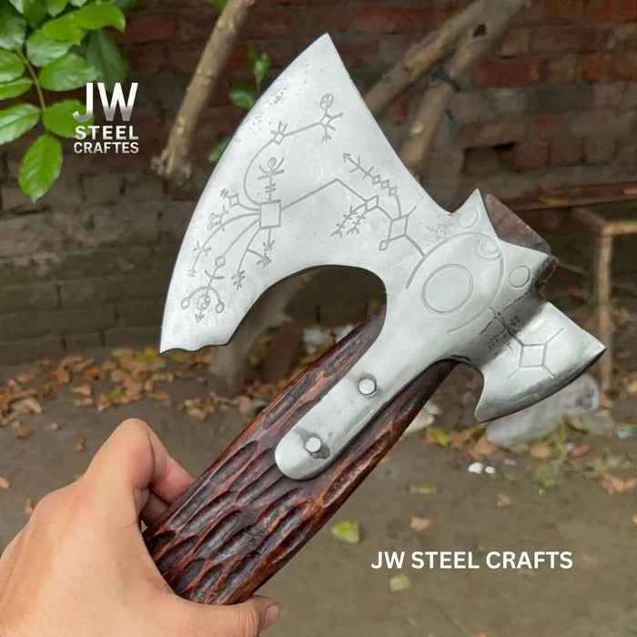 Handmade Viking Double-Bit Carbon Steel Axe with Norse Rune Etching and Engraved Hardwood Handle