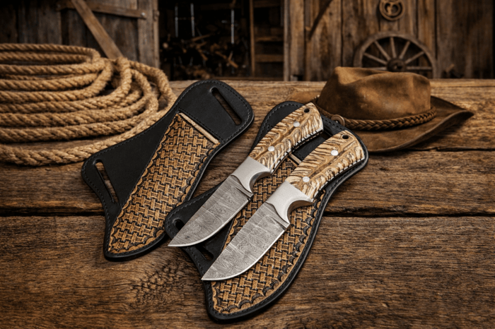 Cross Draw Sheath Knife – 3.75" Damascus Steel Pinecone Handle