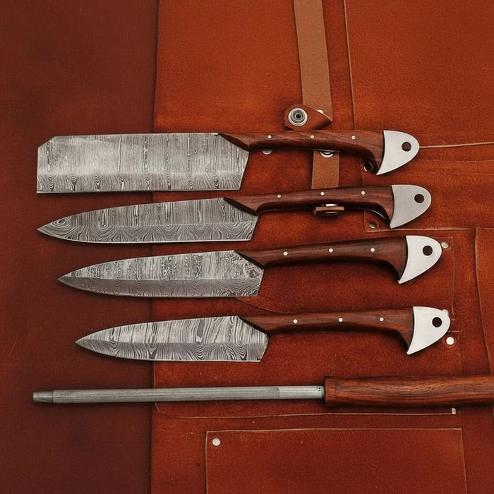 4-Piece Handmade Damascus Kitchen Knife Set – Rosewood Handles, Steel Bolsters & Brass Pins | Chef, Santoku, Cleaver & Utility | Leather Roll & Honing Rod Included