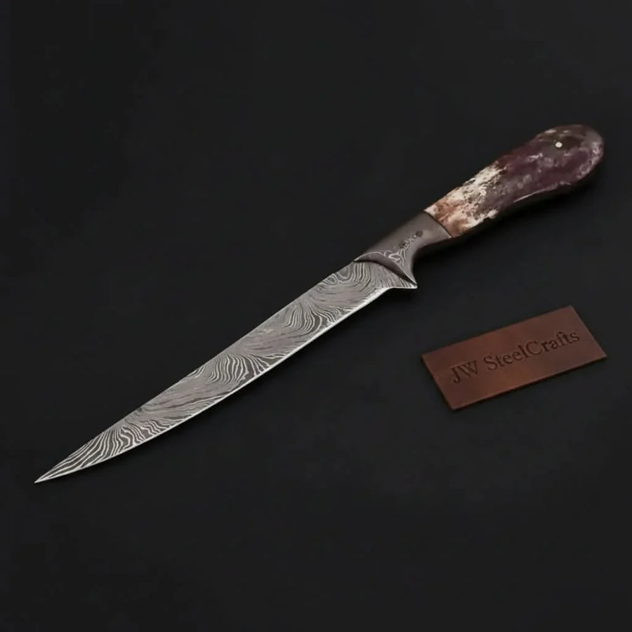 Custom Handmade Damascus Steel Boning Knife With Colour Bone Handle  with Leather Sheath