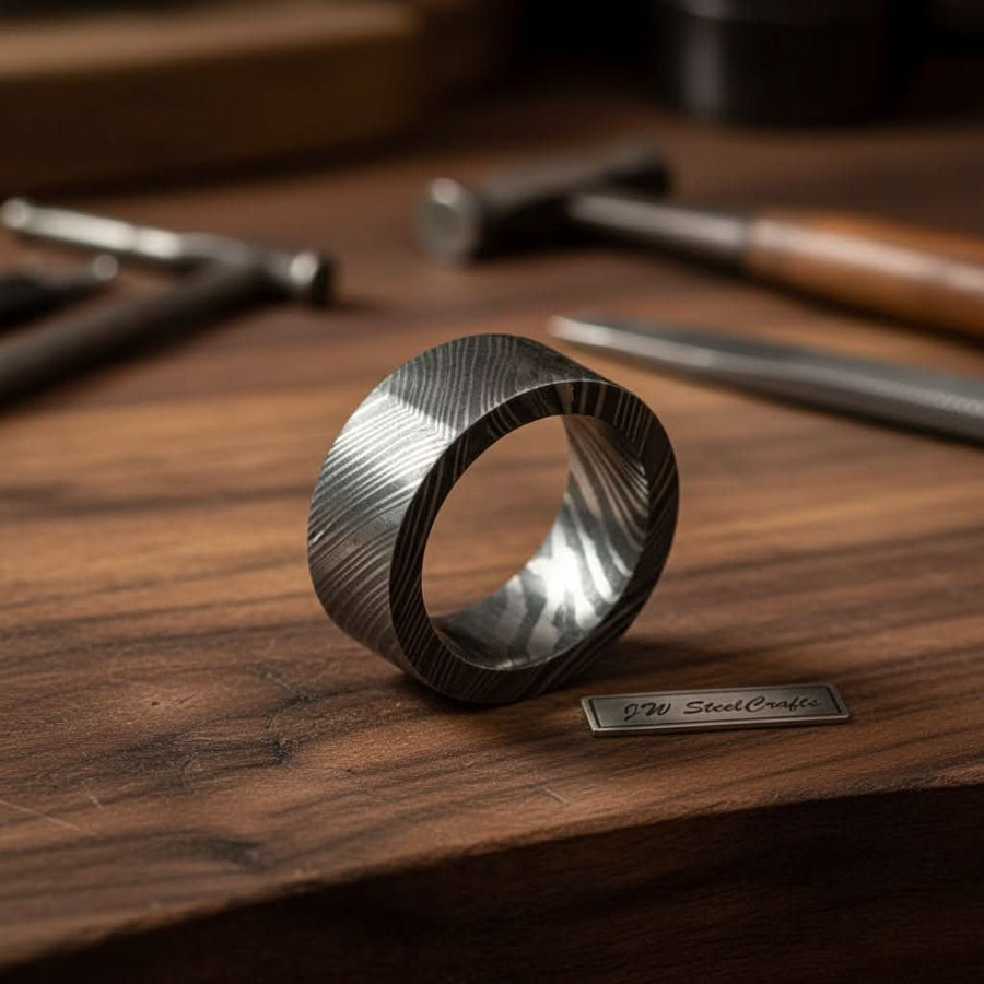 Mens Wide Damascus Steel Wedding Band Thick Handmade Pattern Ring