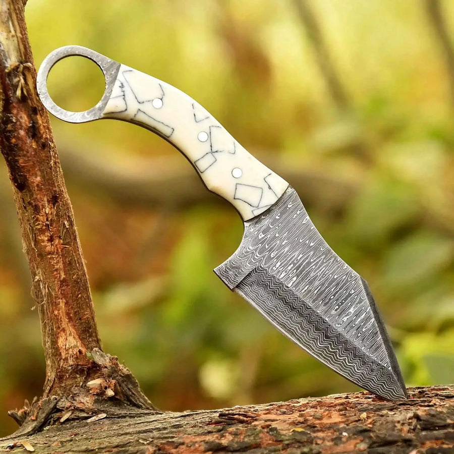 2 Piece Damascus Steel Ring Handle Knife Set with Bone Pattern & Green Resin Handles with Leather Sheath