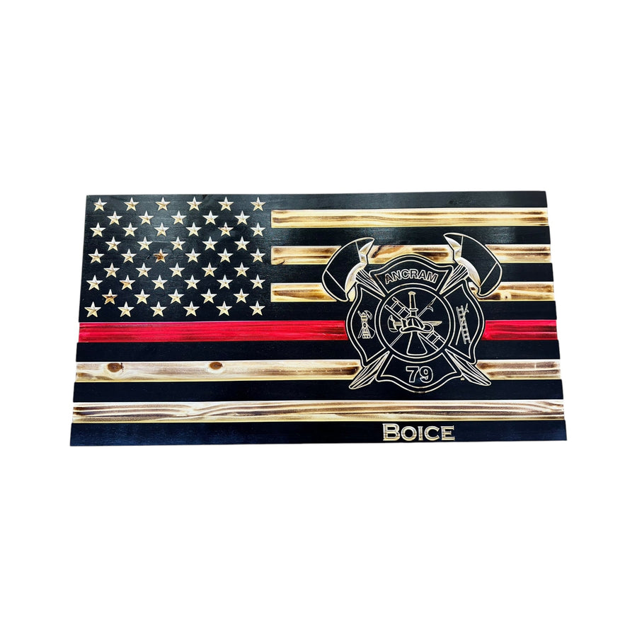 Custom Thin Red Line firefighter wooden flag with Maltese cross, crossed axes and personalized name