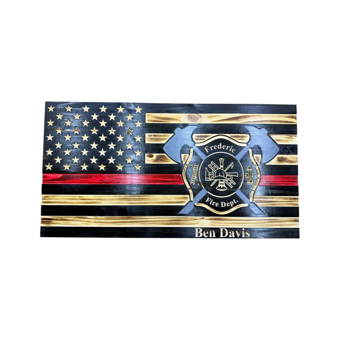 Personalized Thin Red Line firefighter wooden American flag with crossed axes and custom Maltese Cross, made in USA
