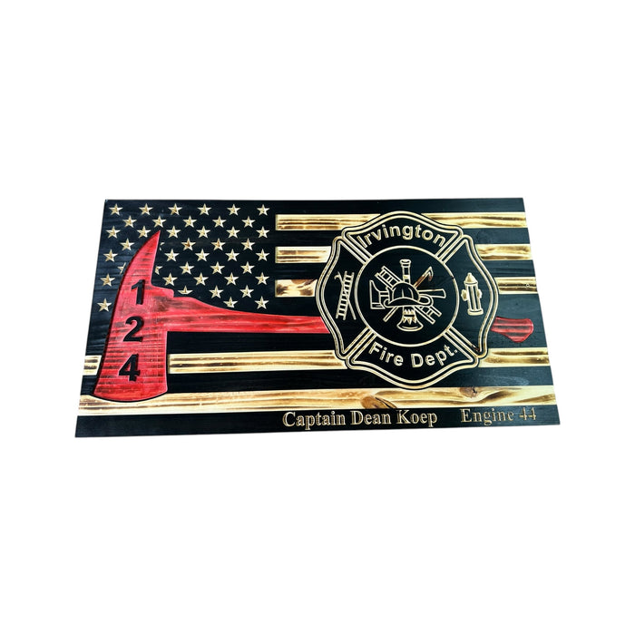 Custom Thin Red Line firefighter wooden American flag with axe and personalized fire department badge, made in USA
