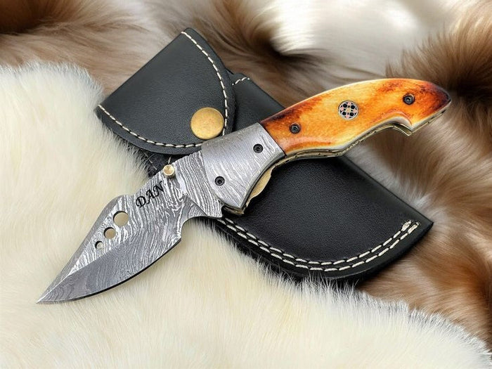 Handmade Damascus Folding Knife – Bone Handle, 3" Blade
