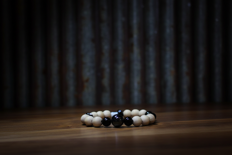 Black Mushroom W/Hemitite and Tan Wood Beads  Bracelet by Theiss Tye Dye Studio