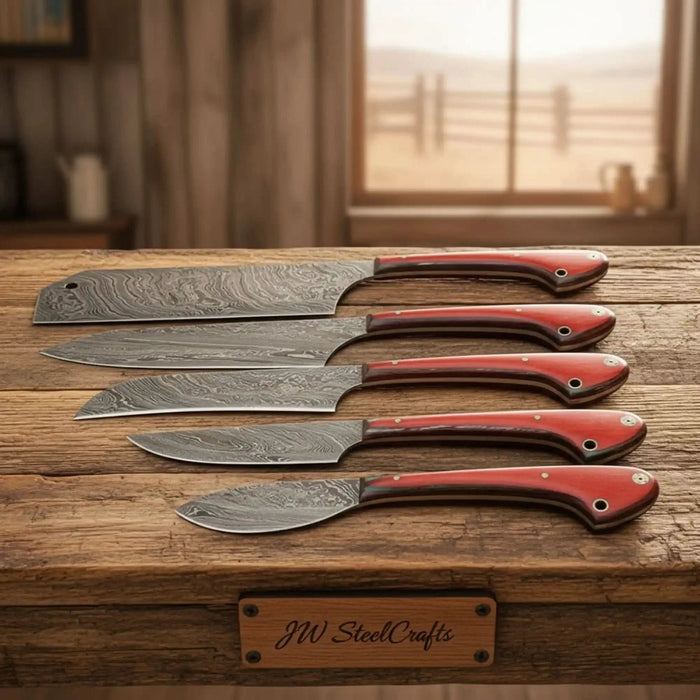 5-Piece Damascus Bunka Gyuto Santoku Knife Set with Red Pakka Wood Handles