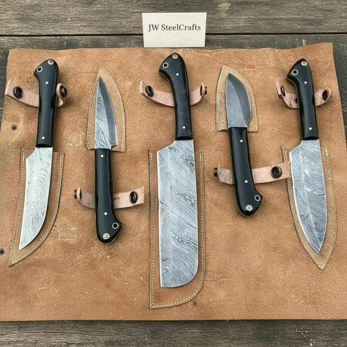 4-Piece Damascus Chef and Utility Knife Set with Black Resin Handles & Swirl Damascus Blades