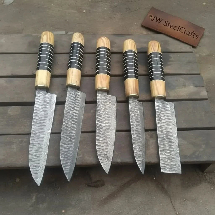 Hand Forged 5-Piece Damascus Chef Knife Set — Olive Wood & Black Resin Handles