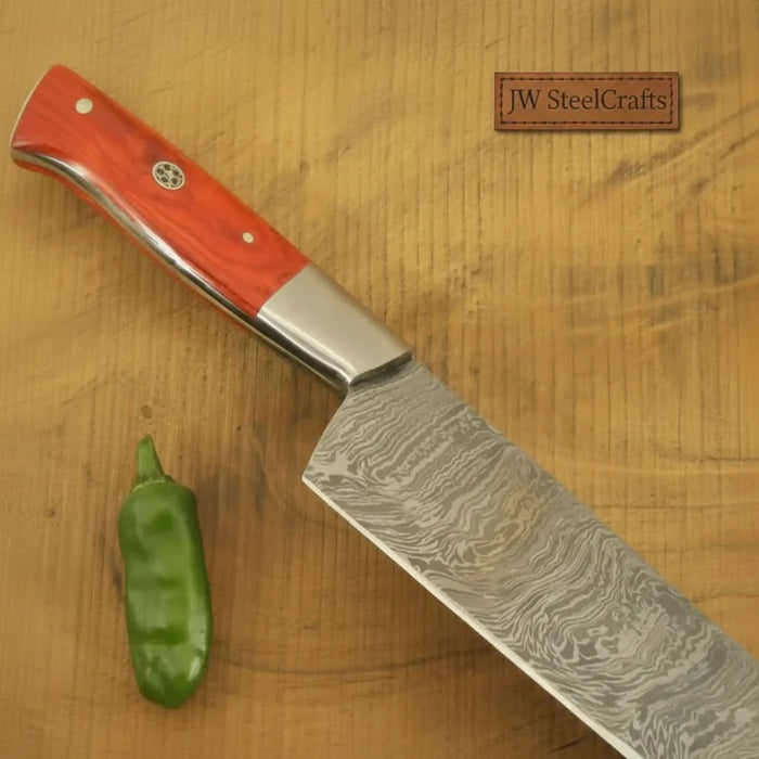 3 Piece Handmade Damascus chef Knife Set Red Pakka Wood Handles