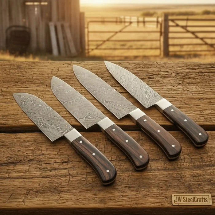 4-Piece Damascus Chef Knife Set with Rosewood Handles — Wood Grain Damascus Blades