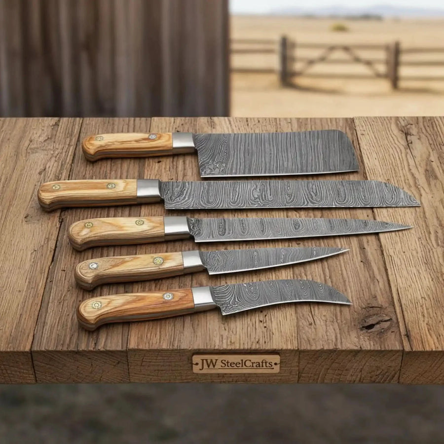 5-Piece Damascus Cleaver Slicer Knife Set Olive Wood Handles