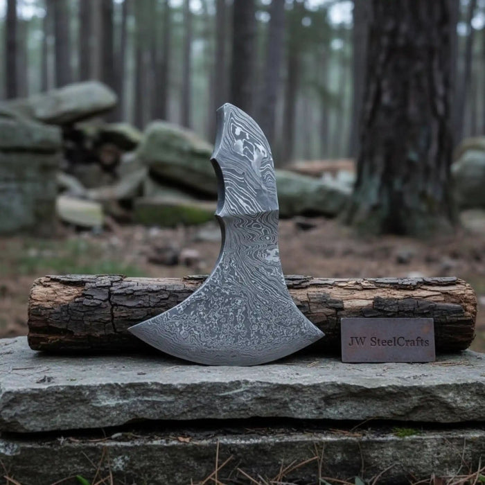 Hand Forged Damascus Bearded Axe Head Blank, Crescent Edge, Custom Handle Build | JW SteelCrafts