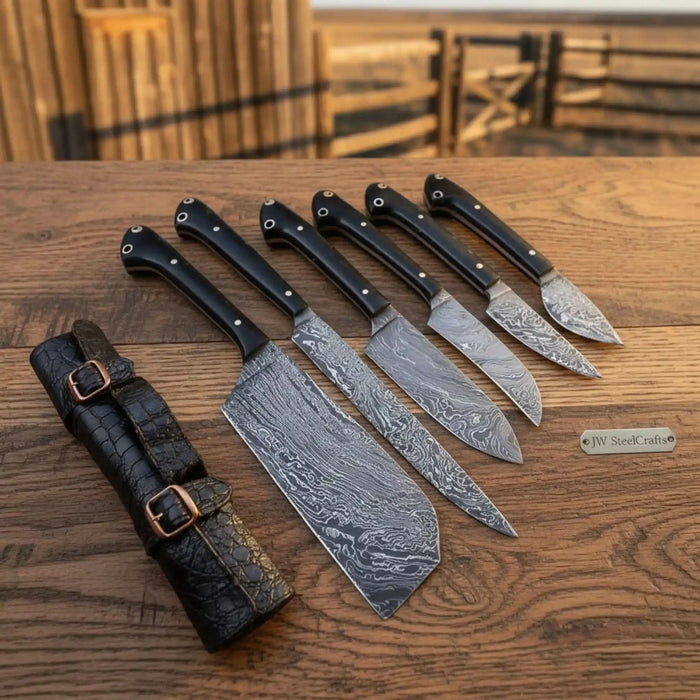 6-Piece Damascus Japanese Chef Collection with  Wood Grain Damascus Blades