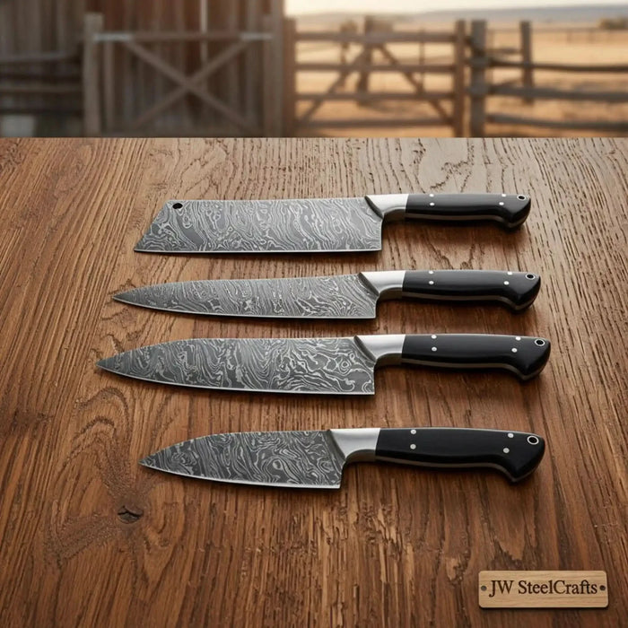 4-Piece Damascus Japanese Knife Quartet with Black Pakka Wood Handles