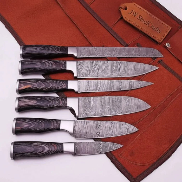 6-Piece Ladder Pattern Damascus Knife Set with Black Wood Handles and Steel Bolsters
