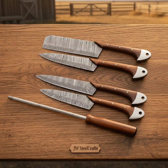 Pattern-Welded Damascus Kitchen Set — Tall Cai Dao Cleaver, Nakiri, Gyuto & Petty Knife