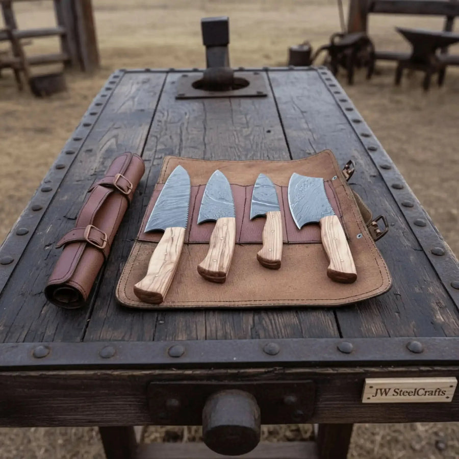 4 Piece Damascus Knife Set Olive Wood with Cleaver