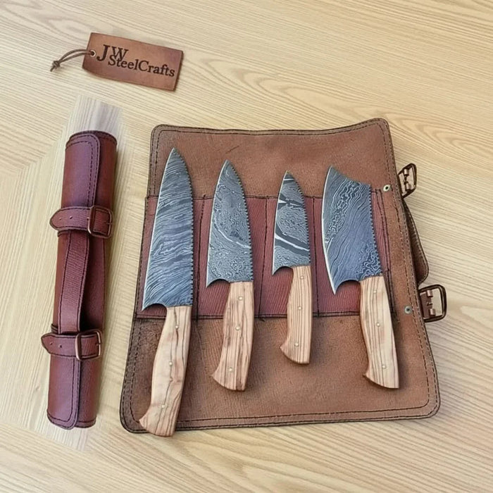 4 Piece Damascus Knife Set Olive Wood with Cleaver