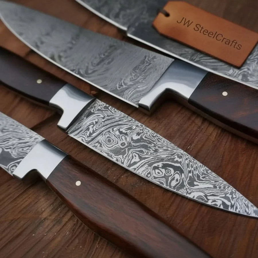4-Piece Damascus Knife Set Walnut Handle with Floral Pattern Blades