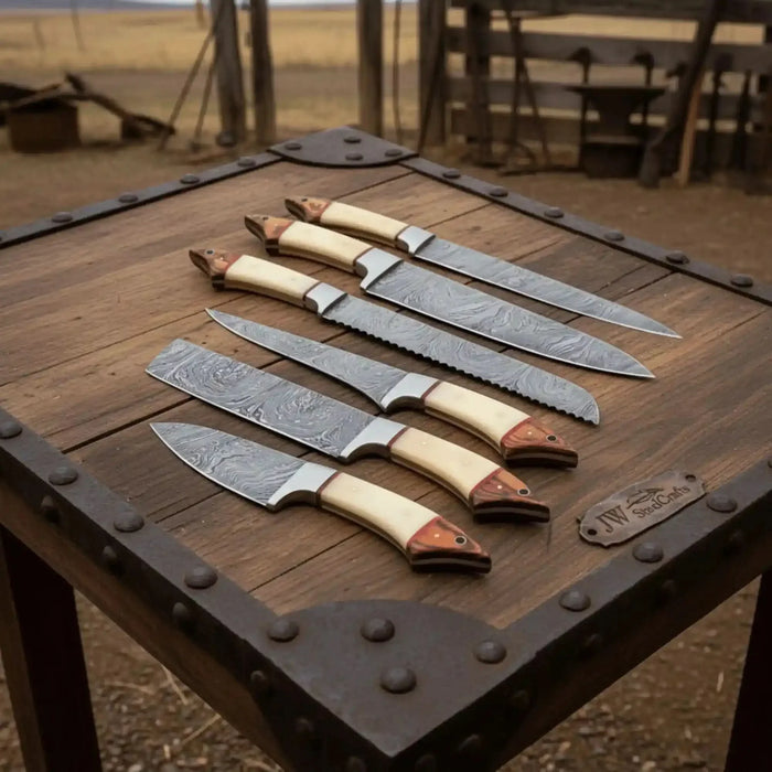 6-Piece Damascus Kitchen Knife Set with White Bone and Red Wood Handles
