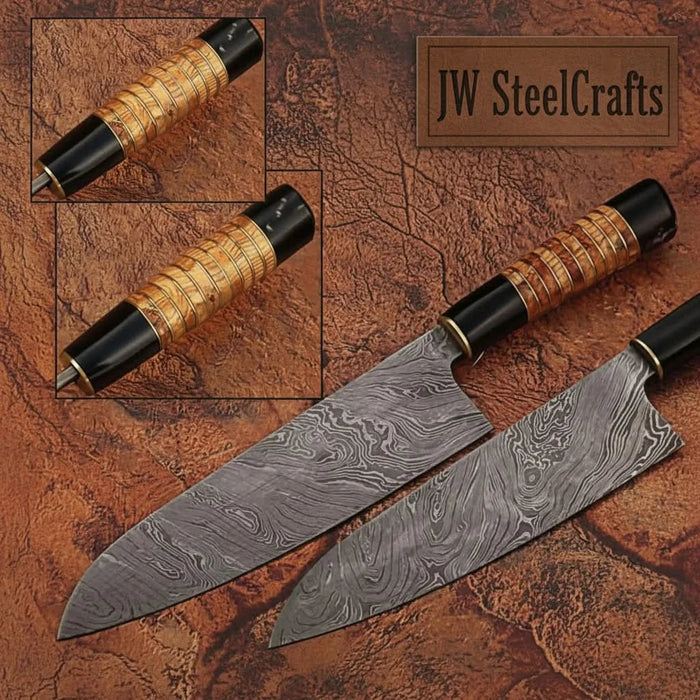 Forged Damascus Santoku Knife – 7" Blade, Olive Wood & Black Micarta Handle, Full Tang Kitchen Knife