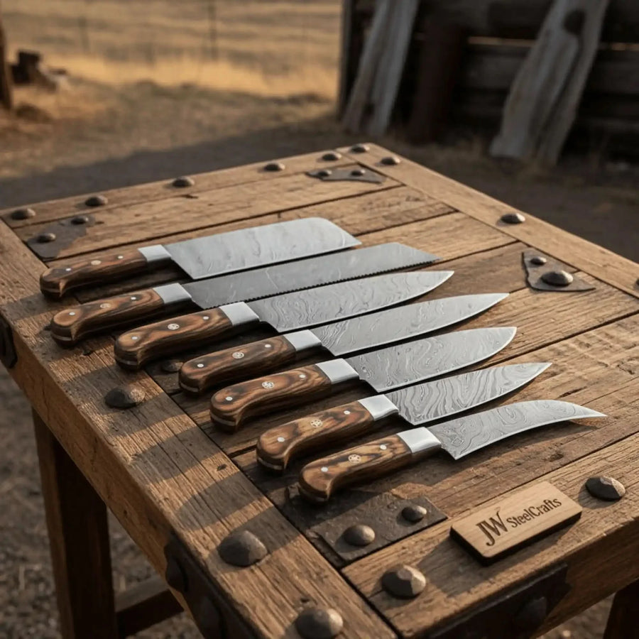 7-Piece Damascus Steel Kitchen Knife Collection with Flowing Water Pattern Blades.