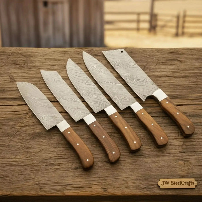 5-Piece Damascus Steel Knife Set with Rosewood Handles  Wood Grain Damascus Blades